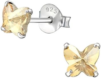 Emerald Butterfly925 Sterling Silver with sparkling crystals small butterfly stud earrings women girls 5mm various sparkly colours anti allergy hypoallergenic nickel free jewellery ladies sensitive ears gift box