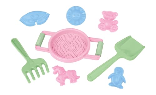 LENA® Set di giochi di sabbia 8 pezzi – colino, pala, rastrello e 5 pirottini – colori assortiti – a partire dai 12 mesi – Confezione a rete con tag – Certificazione TÜV – Made in Europe
