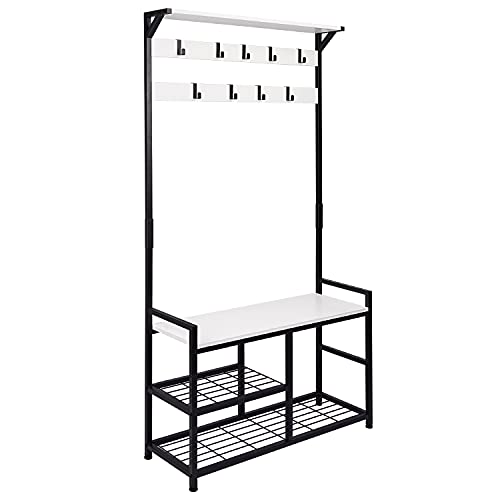 HOMEKOKO Coat Rack Shoe Bench, Hall Tree Entryway Storage Bench, Wood
