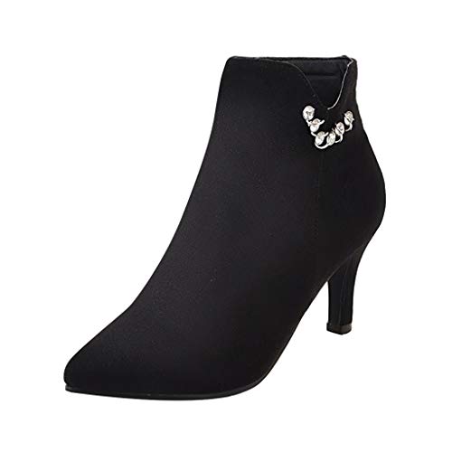 Cenglings Women's Flock Stiletto Heel Boots Side Zipper Pointed Toe Pumps Slip On Shoes Rhinestone Low Heel Ankle Boot