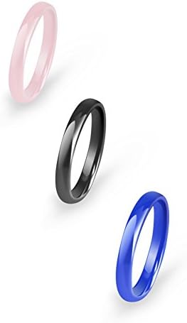 Women’s Thin Stackable Wedding Ring Hi-Tech Ceramic Engagement Band Comfort Fit Design Stays Polished Forever-3 Pack (Black Pink Blue) 3mm Width-2mm Thick
