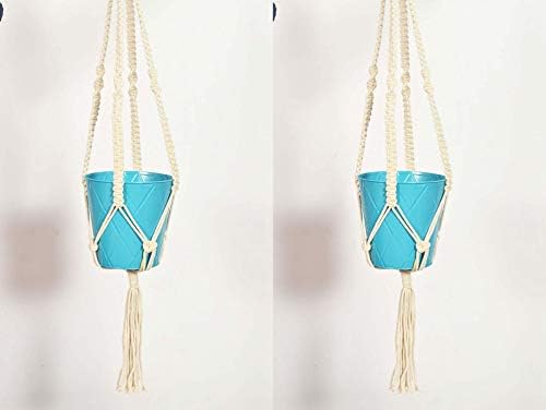 voolex Coir Garden Round Hanging Basket Planter with Macrame Contemporary Rope Hanger Metal Flower Pot (Blue) - Pack of 2