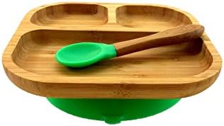 Youkoo Kids/Toddler Bamboo Silicone Suction Dish/Plate Set with Spoon (light green)