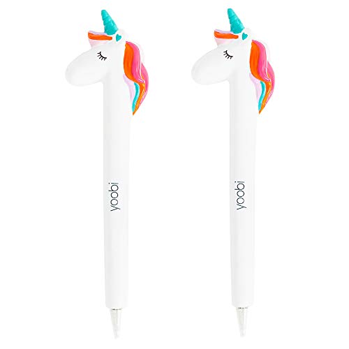 Yoobi White Unicorn Ballpoint 2-Pack Pens | Set of 2 | Fun, Trendy Writing for School, Desk, Work | Black Ink | 0.8mm Medium Tip