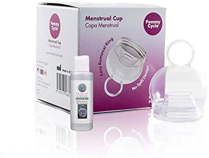 FemmyCycle Menstrual Cup Spill-Proof with Removal Ring Made in The USA, Regular Size with 1 Bottle of Cleaner 5oz 100% Natural NO Chemicals
