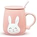 Angelice Home Pink Bunny Coffee Mug 13 Oz, Cute Rabbit Coffee Mug Cup with Lid and Ceramic Spoon for Coffee Tea Milk
