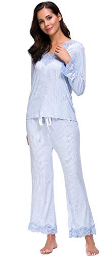 Jusfitsu Womens Cotton Pajamas Set Long Sleeve Top Shirt with Pants Sleepwear Modal Soft Loungewear Lace Pattern M