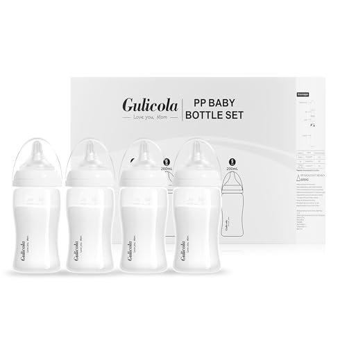 Gulicola Natural Breastfeeding Bottles Wide Neck, Newborn Baby Bottles with Slow Flow Nipples (S), 0 Months +, BPA Free PP, 7 oz & 4 Pack - White