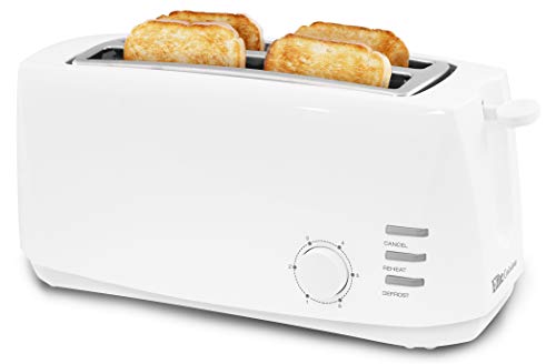 Elite Cuisine ECT-4829 Long Slot Cool Touch Toaster with Extra Wide 1.25" Slots for Bagels and Specialty Breads, Cancel, Reheat, Defrost, 6 Settings, Space Saving Design, 4 Slice, White