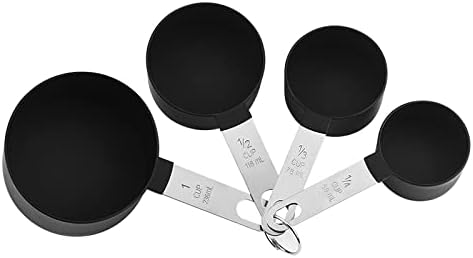 Juego de 8 tazas y cucharas medidoras, cucharas medidoras apilables negras para medir ingredientes secos y líquidos, cucharadita pequeña con cabeza de plástico