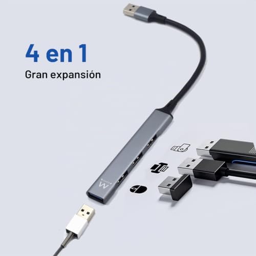 EW1144 USB A Hub, 4 Port Ultra Slim Data Hub, Hub con 3 USB A 2.0, 1 USB A 3.2 Port, Slim Type A Hub for Macbook Pro/Air, Laptop, PS5/PS4 and Mac OS, Windows, Android Systems, Aluminium