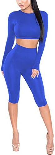 Amilia Womens Sexy Long Sleeve Crop Tops High Waist Leggings 2 Piece Bodycon Set Casual Outfit Tracksuit