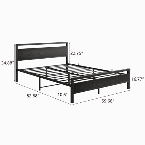 HOJINLINERO Queen Bed Frame with Wood Headboard,Metal Platform Bed Frame Queen Size with Storage No Box Spring Needed,Heavy Duty Queen Size Bed Frame Metal Slats Support Mattress Base No Noise,Black