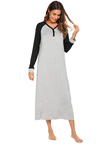 Ekouaer Sleep Shirt Women's Long Sleeve Long Sleepwear Neck Night Dress Nightgown Nightshirt(Black,L)