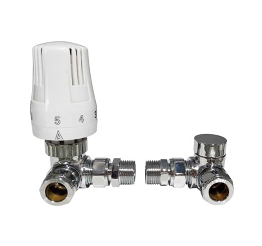 Corner Angled Thermostatic Radiator Valve with Lockshield Valve TRV Chrome White 15mm Pack Set