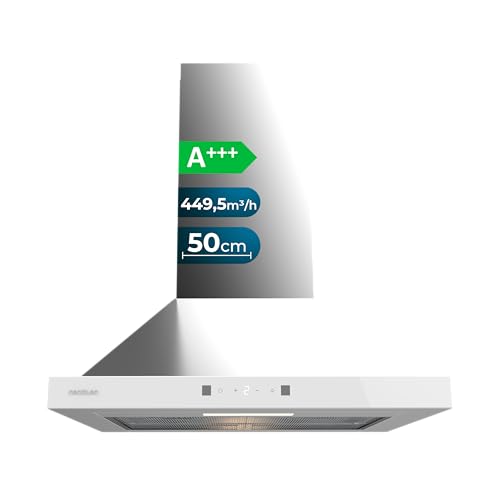 Cecotec Cappa Piramidale 50cm Bolero Flux PT 504400 Inox A++. Vetro Frontale Bianco, Aspirazione 449,5m³/h, Controllo Touch Invisibile, Funzione Booster, Filtri Lavabili, Classe A++, Per Cucina Pulita