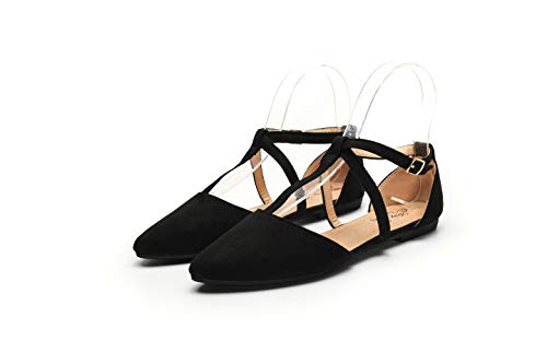 Mila Lady Laurel Womens Pointed Toe Ankle Strap T-Strap D'Orsay Dress Flats Shoes,BLACK11
