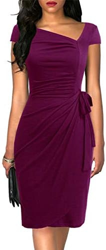 Liyinxi Women's Retro 1950s Cap Sleeve Knee-Length Sheath Slim Business Casual Party Ruched Bodycon Faux Wrap Dress
