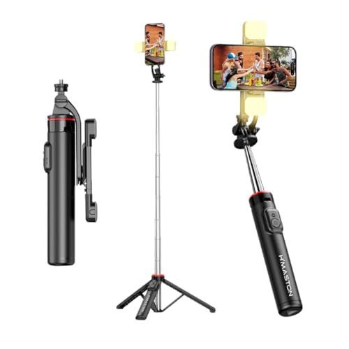 Bastão Pau de Selfie Tripé para Celular com iluminação Bluetooth Controle Remoto Portátil Retrátil para iOS e Android (Preto) H'MASTON