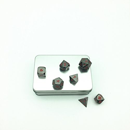 Truewon Role Playing Games Metal Dice Set of 7 Black-Faced Red Numbers Style TRPG Alloy Dice Set with Metal Case and Storage Bag