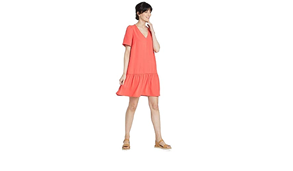 Short Sleeve Ruffle Hem Dress - (Coral 