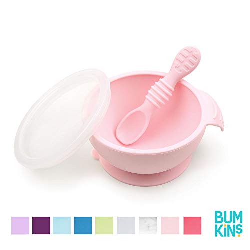 Bumkins Suction Silicone Baby Feeding Set, Bowl, Lid, Spoon, BPA-Free, First Feeding, Baby Led Weaning - Pink