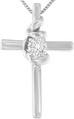 10K White Gold 1/10 Carat Diamond Espira Spiral & Cross 18” Pendant Necklace (I-J Color, I2-I3 Clarity)