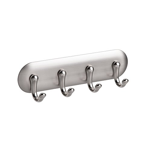 InterDesign AFFIXX, Peel and Stick Strong Self-Adhesive Key Storage Rack for Kitchen, Office, Entryway - 4 Hooks, Brushed Nickel