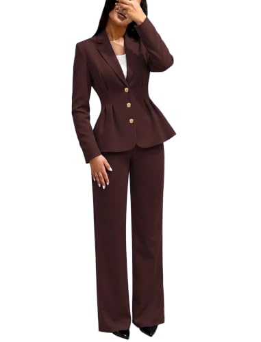 Brown Women's 2 Piece Peplum Blazer Suit Wide Leg Fall Business Casual Suit at Amazon