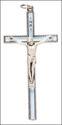 9cm INRI Silver Coloured Metal Crucifix Cross LIGHT BLUE Enamel with 2.5cm Pewter Double Heart Pin Brooch 10205