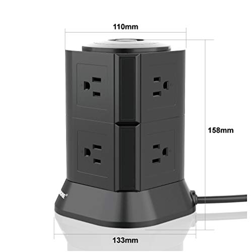 Black Surge Protector with USB SAFEMORE Power Strip Tower USB Charger 7 Outlets 2 USB Desk Plug Station with Overload Protection and 6.5ft Power Cable for Wireless Devices, Great Home decoration