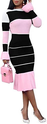 Women Long Sleeve Bodycon Sweater Dresses 2 Piece Color Block Ruffle Knit Midi Dress
