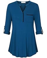 Liamluna Women's V Neck Long Sleeve Roll Up Casual Shirt Blouse Tops Blue XXL