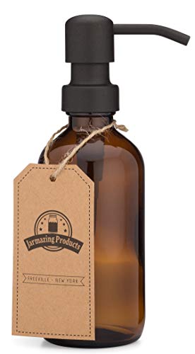 Jarmazing Products Small Amber Glass Jar Soap and Lotion Dispenser with Matte Black Pump - 8 oz - Thumbnail 2