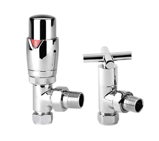 Greened House Dallas Designer Angled TRV with Art Deco Cross Head Radiator & Towel Rail Valve