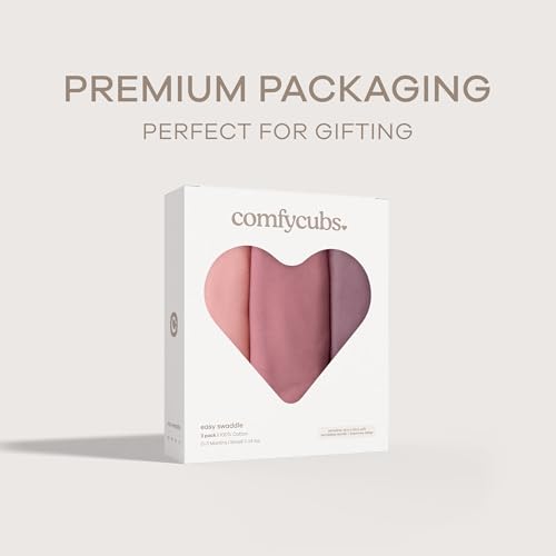 Comfy Cubs Easy Swaddle Blanket, 3 Pack - 100% Cotton Newborn Wrap, Small for 0-3 Months Infants, Breathable and Durable Sleep Sack for Babies - Blush, Mauve & Mulberry