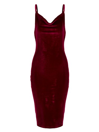 PERSUN Cowl Neck Velvet Open Back Cami Midi Bodycon Dress for Women,Burgundy,L