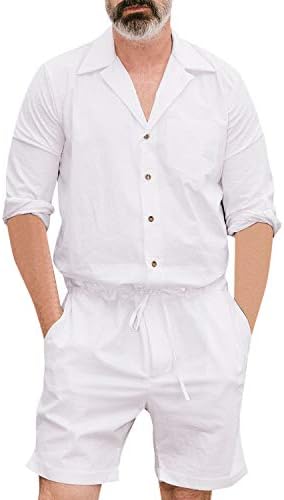 semen Mens Long Sleeve Rompers One Piece Jumpsuits Drawstring Casual Roll Up Coverall with Pockets