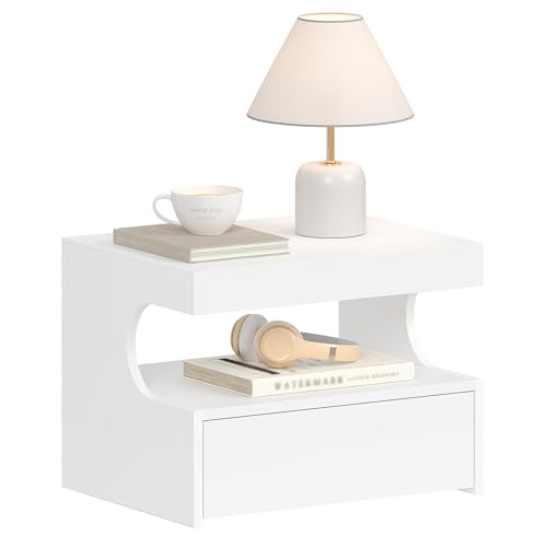 Hzuaneri Floating Bedside Table, U-Shaped Design, White | NS50103X Modern Hanging Shelf and 1 Drawer with Runners, Bedroom and Living Room, 30 x 40 x 29.2 cm