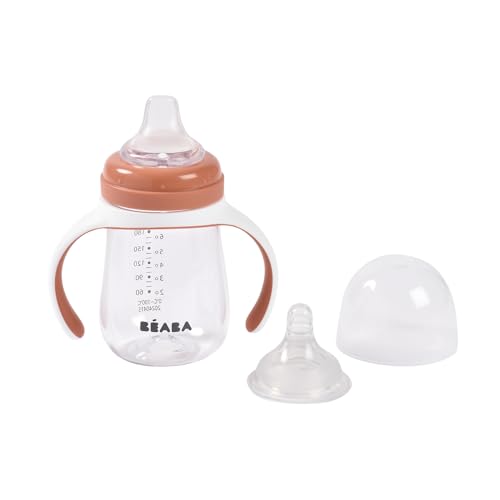 BÉABA, Trinklernbecher 2-in-1 für Kinder Babyflasche - Kindertasse mit Strohhalm - 100% dicht - Leicht zu öffnen - Abnehmbare Griffe -Tritan und Silikon - 210 ml -Terracotta