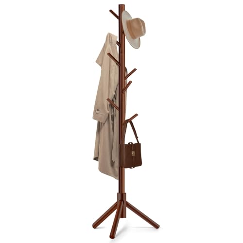 Solid Wooden Coat Rack Freestanding, New Zealand Pine Coat Tree with 8 Hooks & 3 Adjustable Sizes for Coats, Hats, Handbags and Scarves, Space Saving for Entryway/Office/Bedroom (175cm)