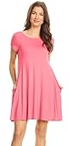 Simlu Coral Pink T Shirt Dress Plain Basic Casual Summer Dress with Pockets Cute Short Pink Dress, 3X