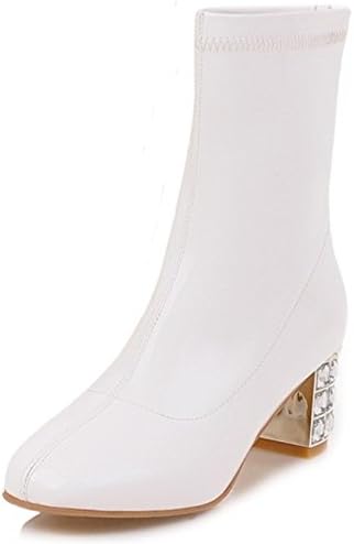 Summerwhisper Women's Stylish Square Toe Back Zipper Block Medium Heel Synthetic Patent Leather Short Boots Shoes White 10 B(M) US