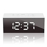 GLOUE Led Digital Alarm Clock - Alarm Clocks Bedside- Temperature Display- Snooze and Large Display- Adjustable Brightness - USB Port and Battery Back Up, Bedroom Mirror Travel Alarm (White Light)