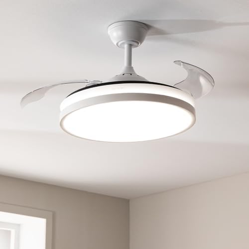 Ventilador de Techo con Luz Energysilence Aero 4300 Invisible White. 35W, 6 Velocidades, Aspas Retráctiles, Mando a Distancia, Temporizador, Luz Led Integrada, Intensidad Lumínica Regulable