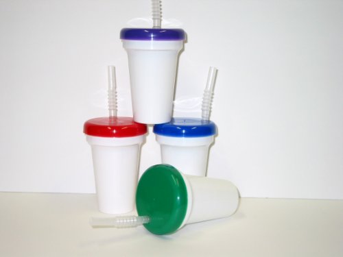White Sipper Cups, Green Purple Red Blue Lids 12 Ounce Cups, Pack 4,