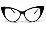 Super Cat Eye Glasses Vintage Inspired Mod Fashion Clear Lens Eyewear (Black)