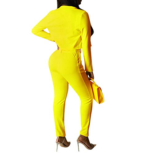 Womens Solid Color Blazers 2 Piece Outfits Long Sleeve Suits with Pants Tracksuit Yellow Small