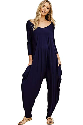 Annabelle Women's Solid Harem Pant Long Sleeve Jumpsuits Navy Small J8002