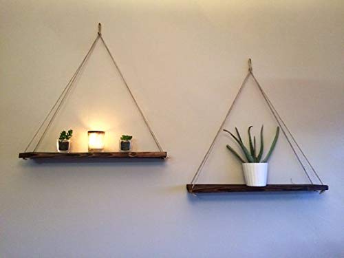 AD Planet Solid Wood Hanging Rope Floating Morden Mounted Swinging Wooden Shelf for Home Decor (16 x 5 inches, Set of 2)